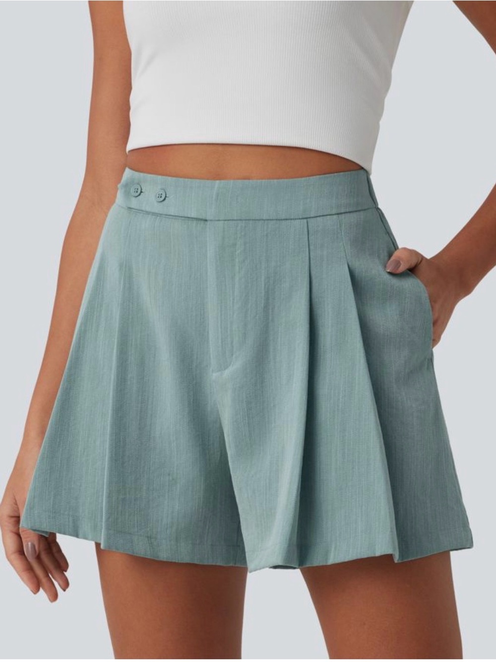 Halara High Waisted Pleated Shorts Casual Linen-Feel 5” Silverwood Sage NWT